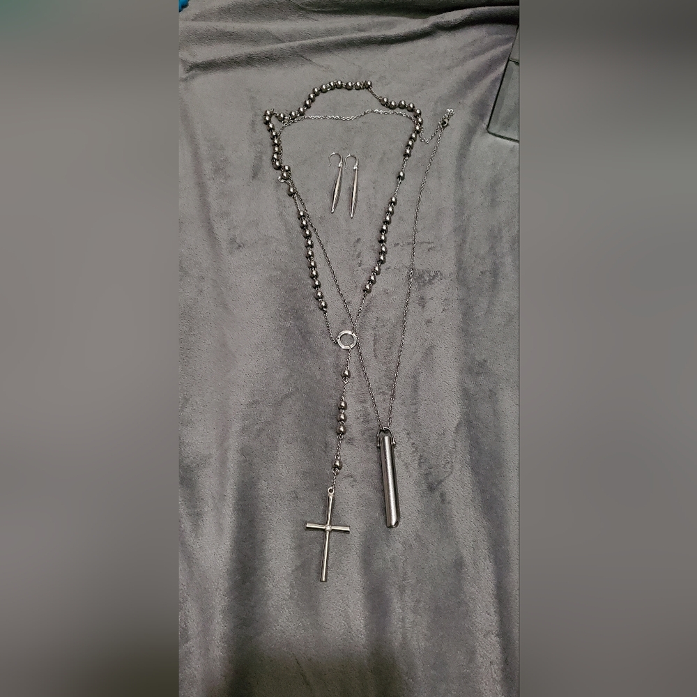 Stainless Steel Rosary/Komuso/Earrings Jewelry Bundle